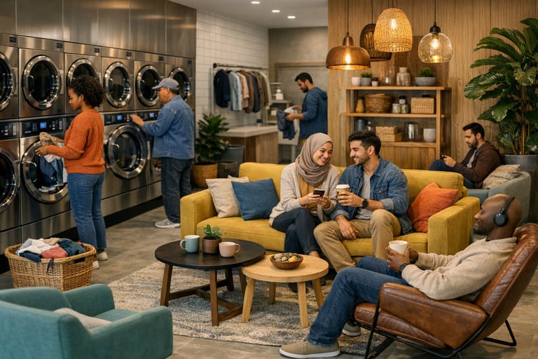 Espacio acogedor y moderno de lavandería con ambiente multicultural, máquinas de última generación y zona de espera cómoda Espacio acogedor y moderno de lavandería con ambiente multicultural, máquinas de última generación y zona de espera cómoda