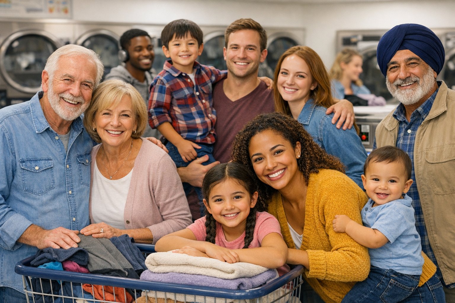 Clientes diversos sonriendo en un ambiente familiar y multicultural de lavandería