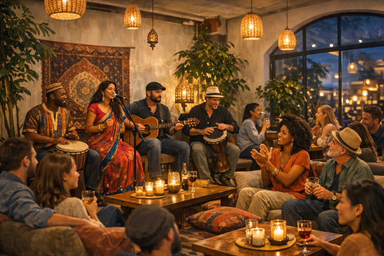 Espacio moderno y luminoso con clientes disfrutando de música multicultural y ambiente acogedor