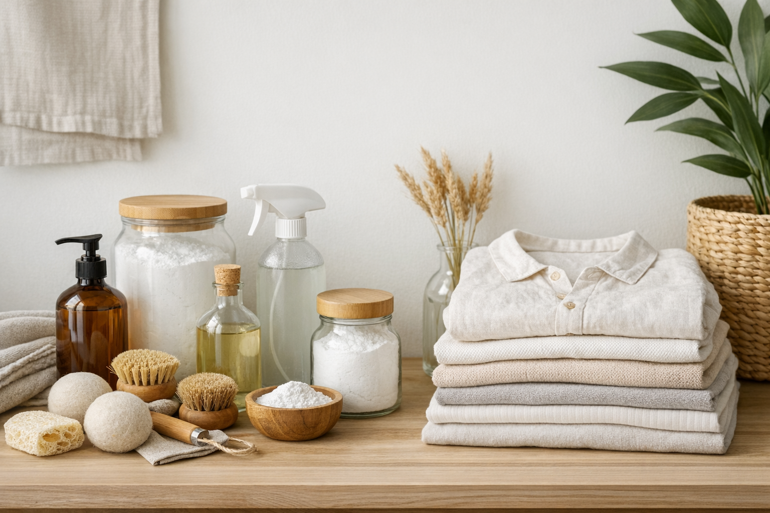 Productos de limpieza ecológicos y ropa limpia en un entorno minimalista y sostenible